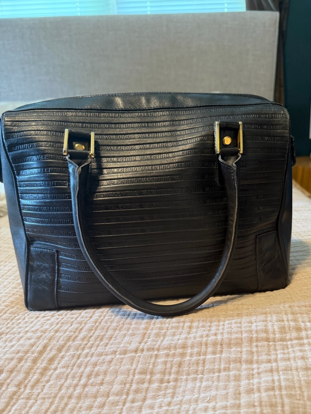 Vintage VALENTINO  Black Leather Structured Tote Bag with Gold Embossed Hardware